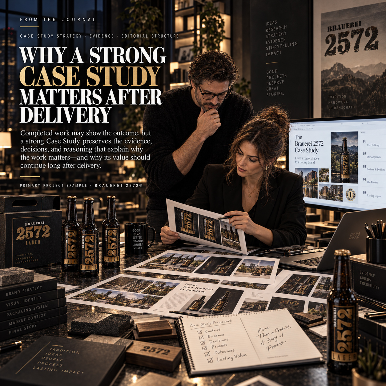 Editorial hero image for the Journal article Why A Strong Case Study Matters After Delivery, showing two professionals reviewing Brauerei 2572 case study materials, packaging, bottles, and printed visual evidence in a premium studio workspace.