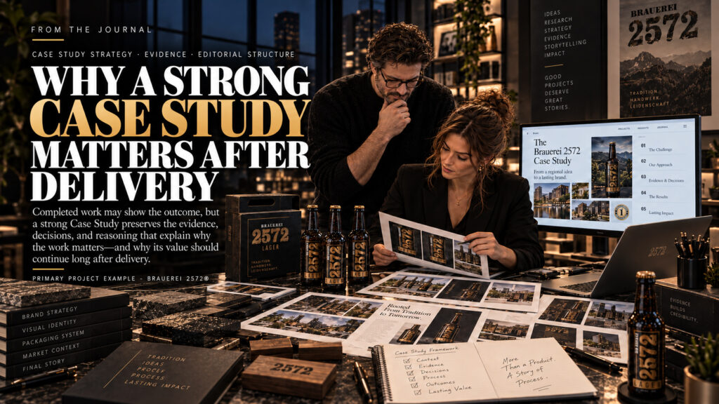 Horizontal thumbnail for the Journal article Why A Strong Case Study Matters After Delivery, featuring two professionals reviewing the Brauerei 2572 case study, packaging system, branded bottles, and editorial presentation materials.