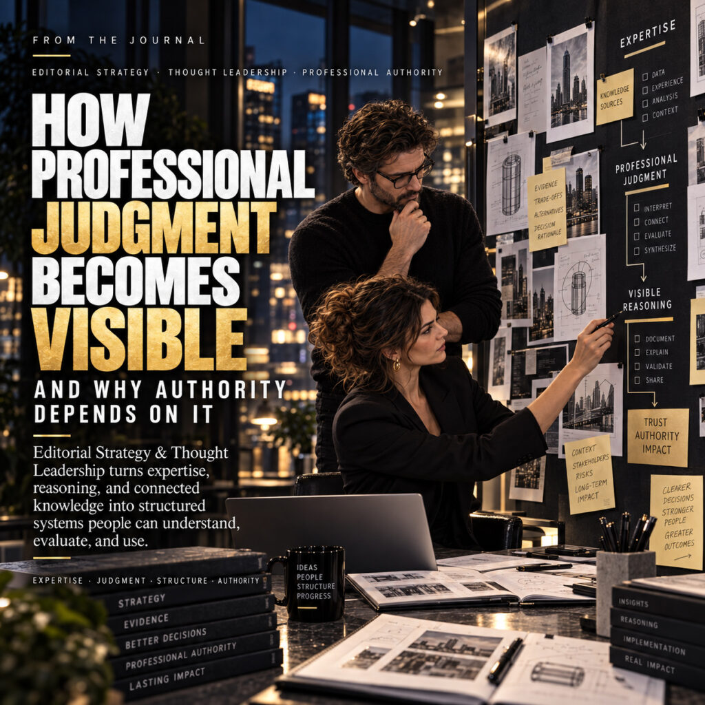 Editorial strategy team organizing evidence, professional judgment, visible reasoning, and expert knowledge on a research wall, illustrating how structured thinking builds professional authority.