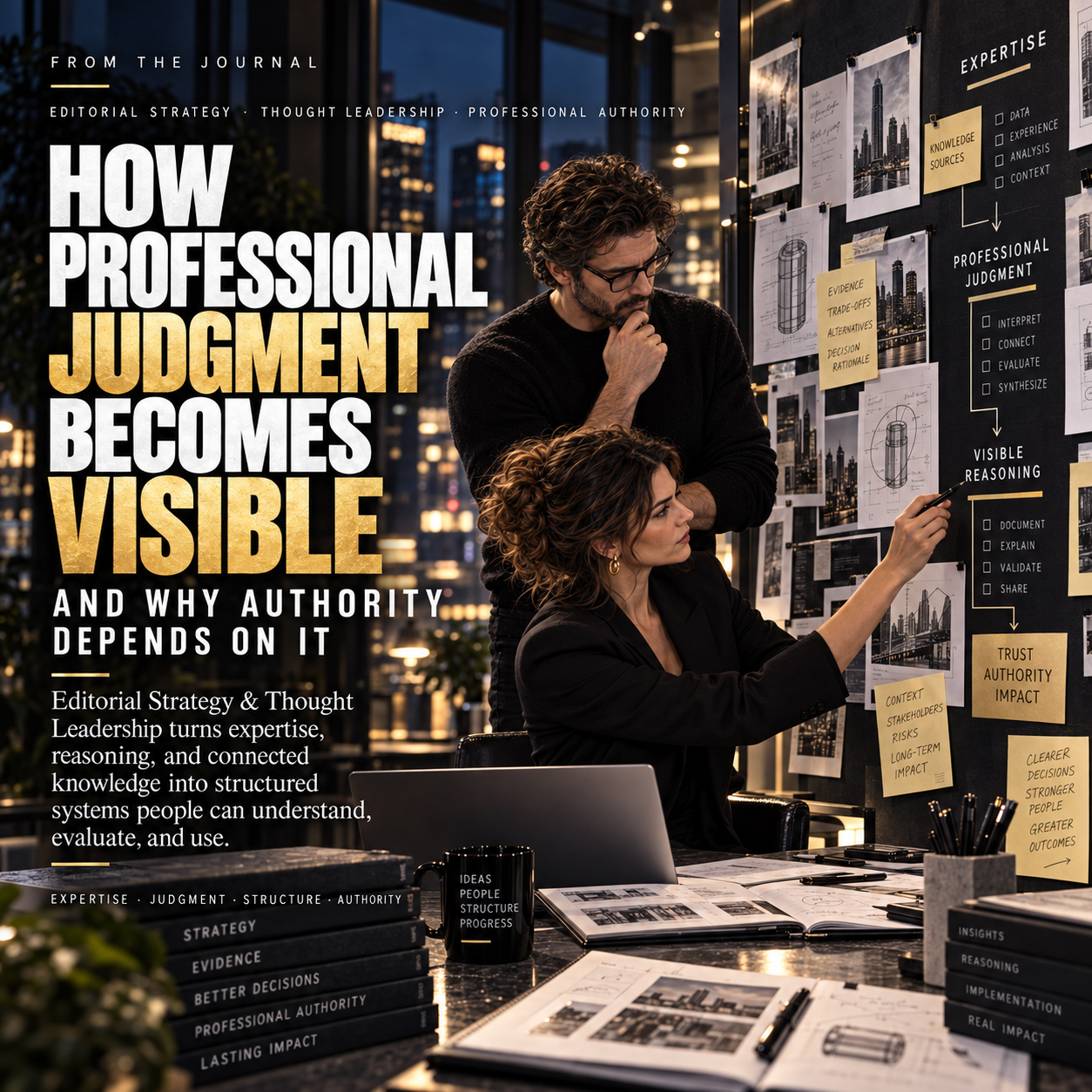 Editorial strategy team organizing evidence, professional judgment, visible reasoning, and expert knowledge on a research wall, illustrating how structured thinking builds professional authority.