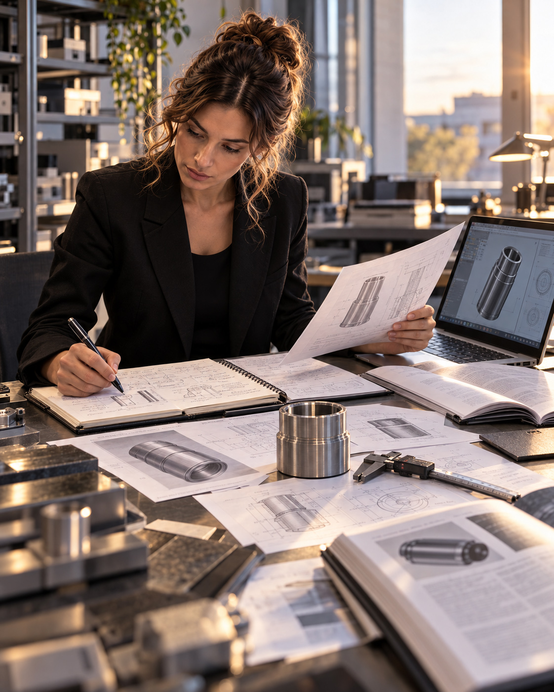 Professional engineer reviewing technical drawings, dimensional studies, a machined metal component, and a digital 3D model while documenting design decisions in a focused studio environment.